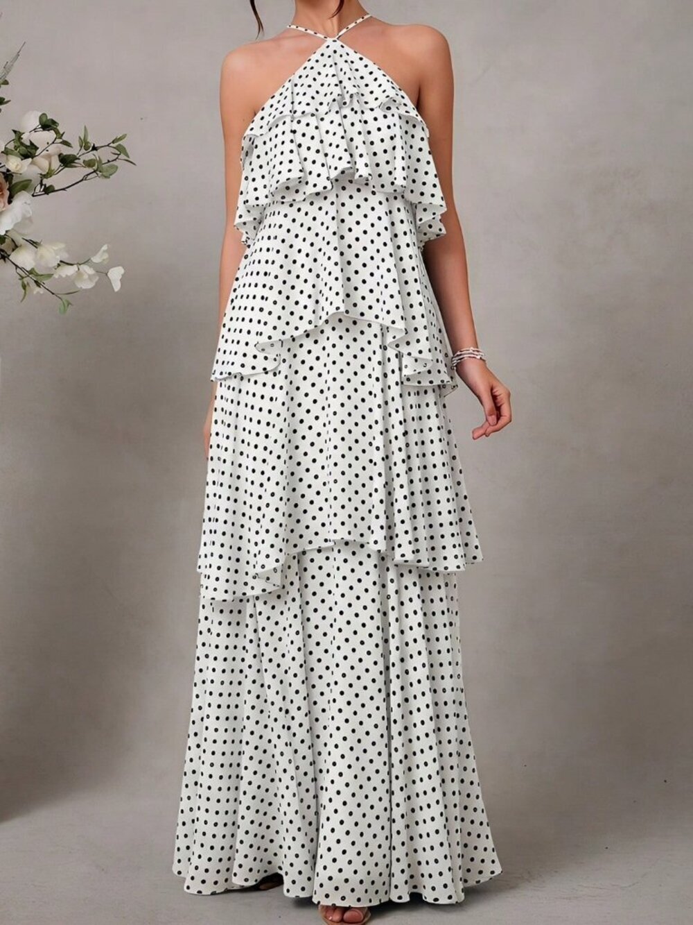 Black And White Sexy Women's Elegant Halter Tiered Chiffon Maxi Dress
